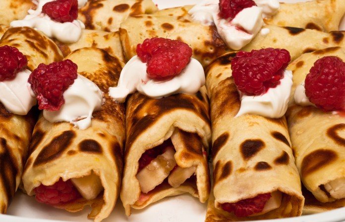 Crepe with raspberry, banana, and creme fraiche
