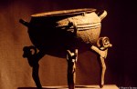 This cast copper cauldron with ram's head legs dated from the 5th to 3rd centuries B.C. it was found in 1912 in the Semirechye area. It stands 58.5 centimeters high (23 inches). It is 31.5 centimeters (12 inches) deep and 52 centimeters (20 inches) in diameter. Cauldrons such as this werer used to cook the meat of sacrificial animals, or at the start of seasonal events such as the spring festival of Nauriz. Central State Museum, Almaty, Kazkhstan