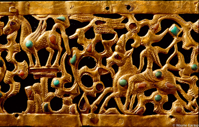 This headband of gold from the 2nd century B.C. is inlaid with Turquoise, Amandine and carved wood. Called the Kargalin Diadem, it was found in the grave of a Shaman believed to be Female. It is decorated with animals, and the central portion, which has been lost, is believed to be a tree of life. It was discovered in the mountains at Kargalin at an altitude of 2,500 meters (8,200 feet). Central State Museum, Almaty, Kazakhstan Image from The Soul of Kazakhstan
