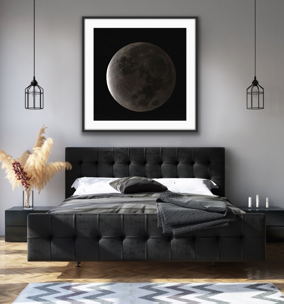 black and white print, full moon, partial lunar eclipse