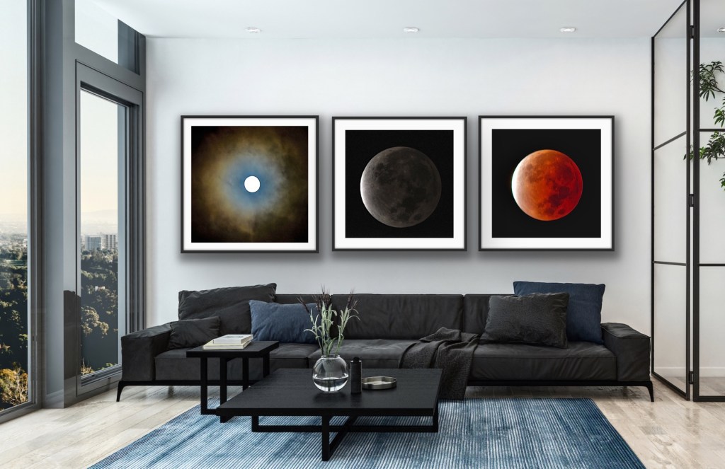 Triptych, full moon, partial lunar eclipse